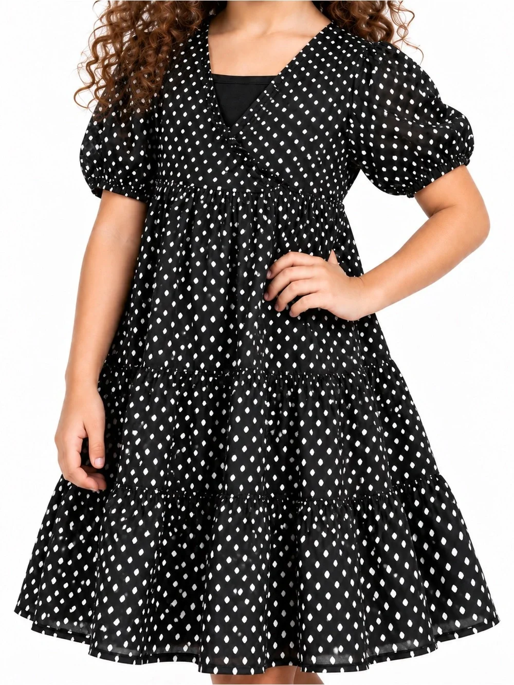 Zara Kids Black Silver Metallic Dot Tiered Wrap Dress Size 8⁠